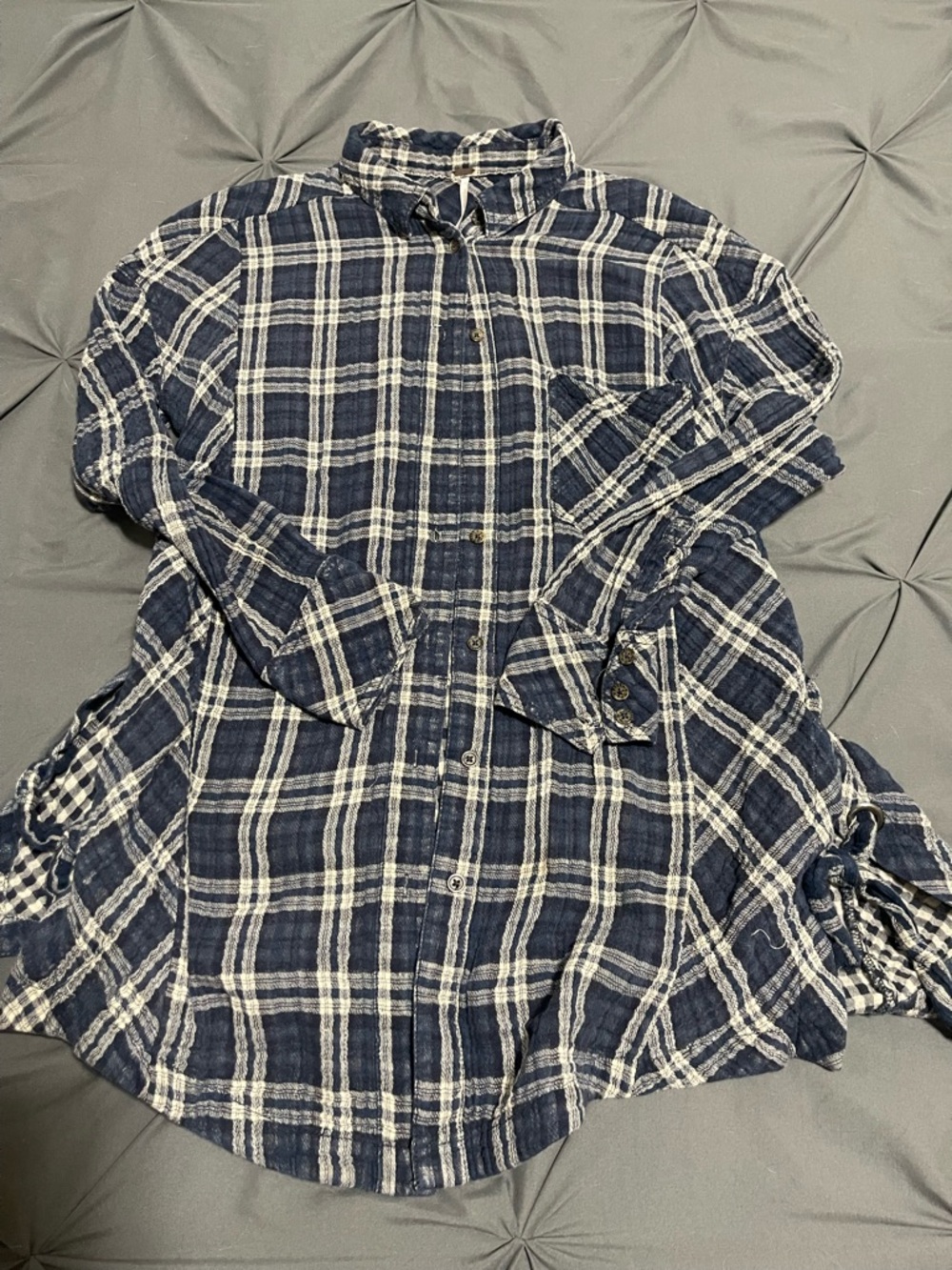 Free People Navy and White Plaid Button-Up Shirt